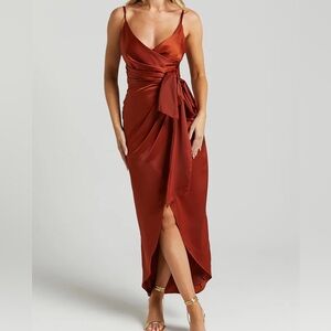 Showpo Rust Satin Midi Dress